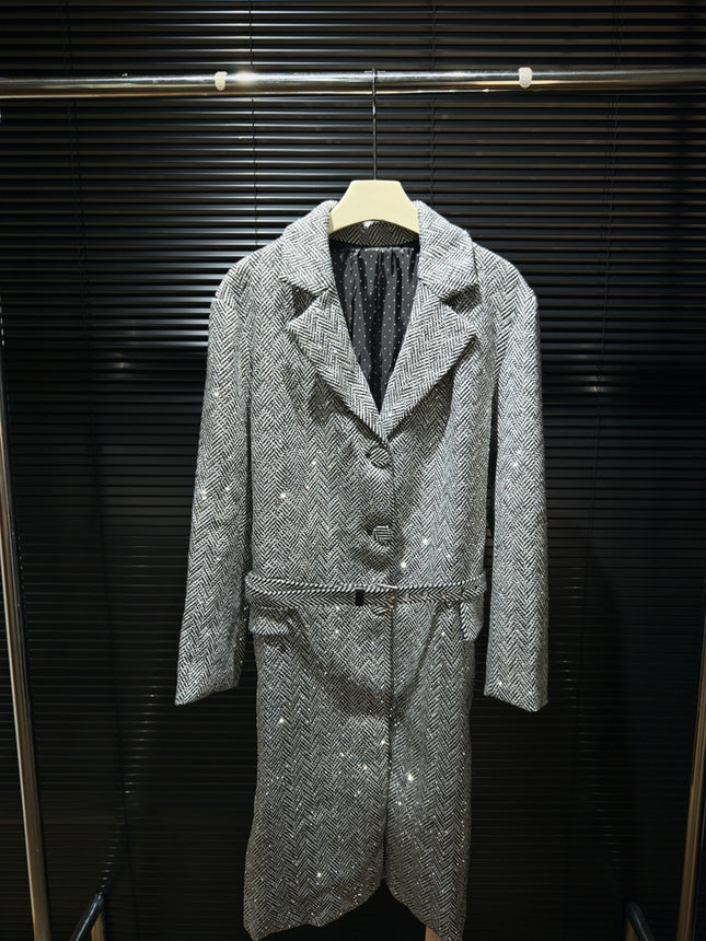 Lapel Long Sleeve Herringbone Woolen Drill Coat Coat with Strapless Shorts Short Skirt High Style Four-Piece Set