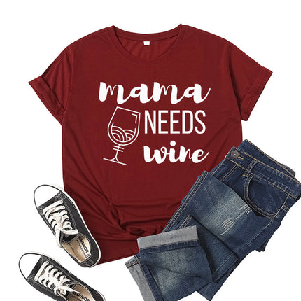 Wholesale Cross Border Mama Needs Wine Printed Short Sleeve T-Shirt Top Women Summer Loose