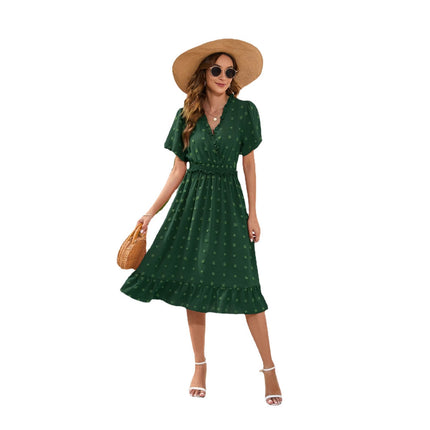 Amazon Cross-Border V-Neck High-Waist Strap Dress Fur Ball Short-Sleeved Dress Casual Vacation Travel Dress