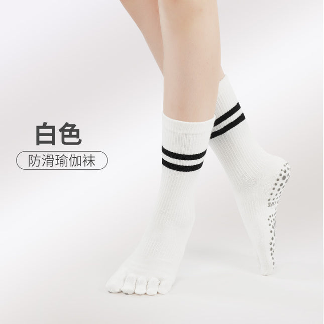 New Five-Finger Non-Slip Yoga Socks Pilates Sports Toe Socks Breathable Striped Middle Barrel Indoor Fitness Compression Socks