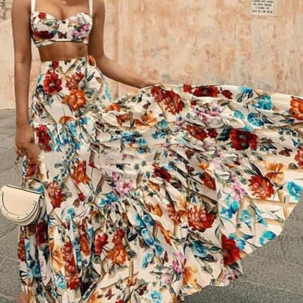 2025 Cross-Border Spring and Summer New European and American Women's Clothing Sexy Elegant Suspender Printed Dress Suit Beach Skirt Two-Piece