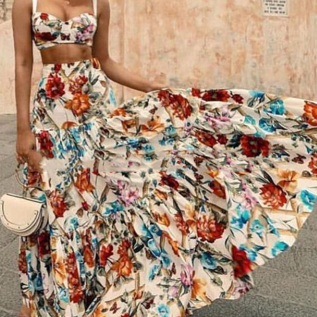 2025 Cross-Border Spring and Summer New European and American Women's Clothing Sexy Elegant Suspender Printed Dress Suit Beach Skirt Two-Piece