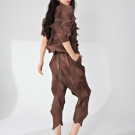 Miyake Fashion suit Women's High-end Spring Irregular T-shirt Top Design Casual Pants Two-piece Fashionable Set