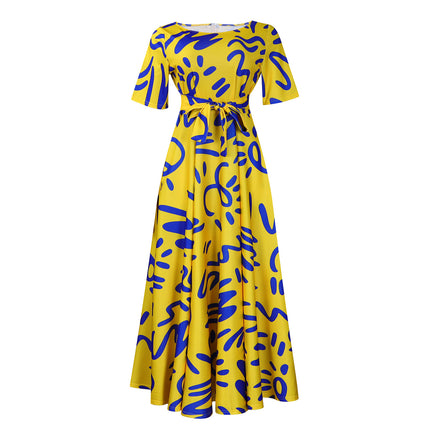 Q125 summer new fashion cross-border Amazon temperament women's lace-up printing foreign trade plus size European and American dress