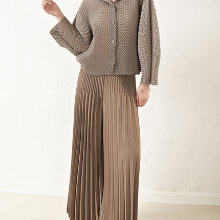 Miyake Fashion suit Women's Autumn Niche Design Sense V-shaped Pleated Batwing Shirt Top Pleated Large Pant Skirt Two-piece Set