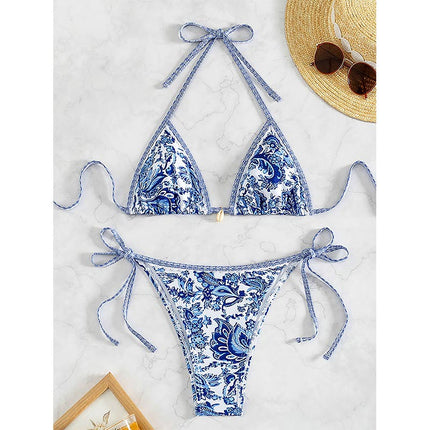 2025 New Bikini Cross-Border European and American Foreign Trade Printed Triangle Cup Pendant Sexy Bikini Swimsuit Swimwear for Women