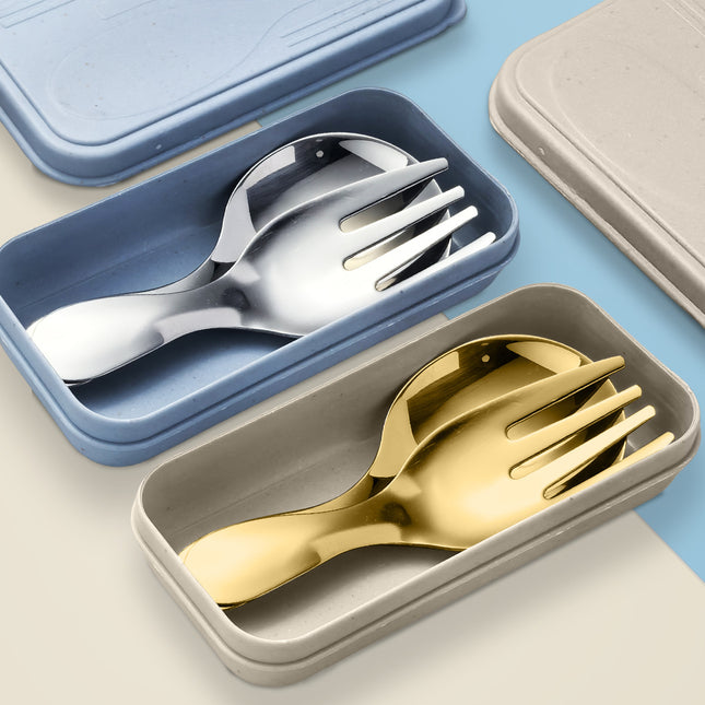 Stainless Steel Portable Spoon and Fork Set Children's Rice Spoon Dessert Spoon Fruit Fork Short Handle Fork Spoon Mini Tableware