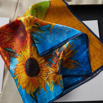 70 Square Silk Scarf for Women, Versatile for Spring and Autumn, with Oil Painting Sunflower Potted Plant Design, Paired with a Shirt, Neck Protection, Mulberry Silk Scarf