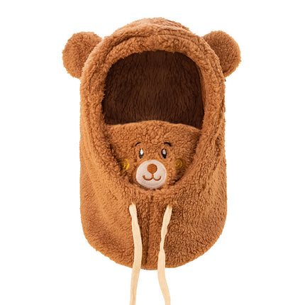 Autumn and Winter Ready-Made Bear Hat Scarf Integrated Gloves Plush Double-Layer Thickeneded Multi-Functional Ear Protection Outdoor Warm Hat