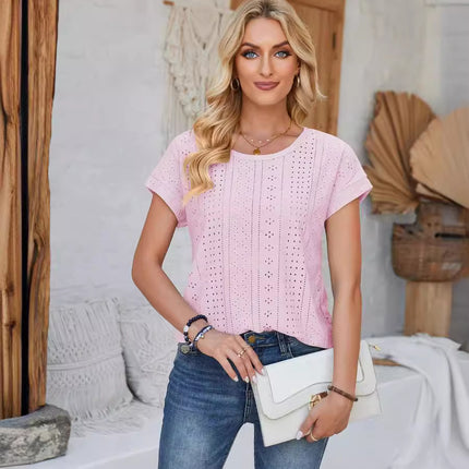 Amazon Independent Station Cross-border European and American Foreign Trade Women's Short-sleeved T-shirt US-size Needle-eye Hollow-out Crewneck Top