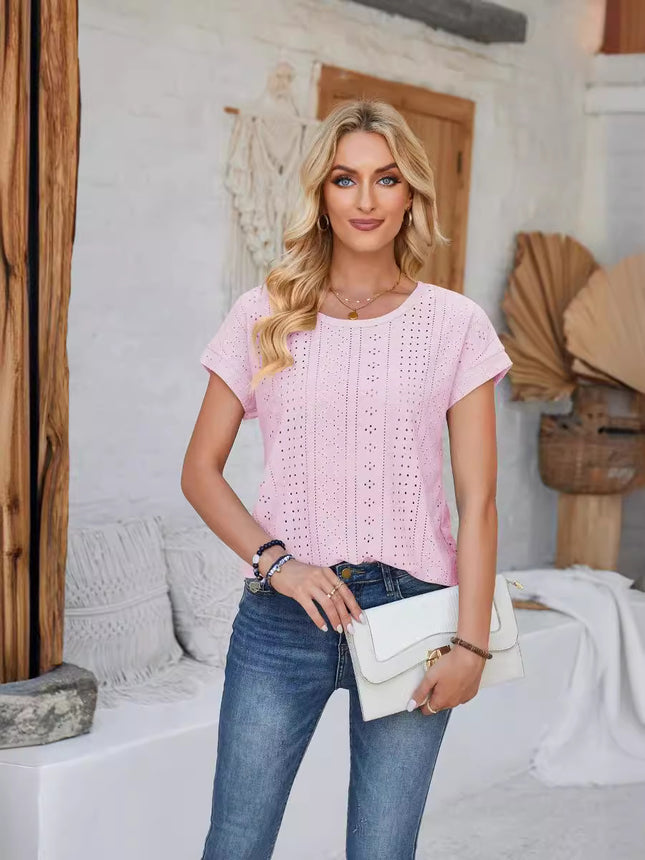Amazon Independent Station Cross-border European and American Foreign Trade Women's Short-sleeved T-shirt US-size Needle-eye Hollow-out Crewneck Top