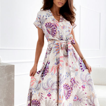 Amazon Cross-Border Export New Women's Fashion Floral Print V Neck Lace-Up Waist Dress for Women