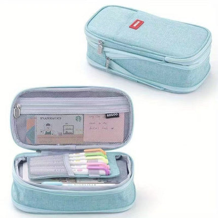 Cross-Border Color-Blocked Retractable Pencil Case, Large-Capacity Stationery Bag, Multifunctional Double-Zipper for Students, Simple and Convertible into Canvas
