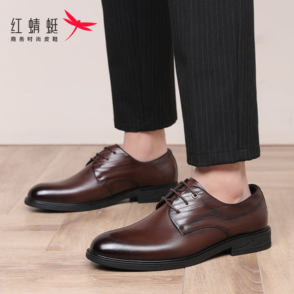Red Dragonfly Men's Shoes Spring and Autumn Business Dress Leather Shoes Men's Leather Top Layer Cowhide Casual Soft Sole Office Wedding Shoes