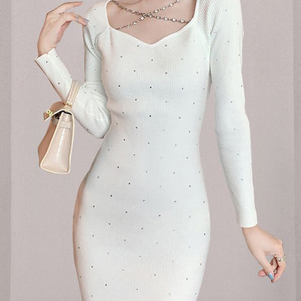Cross-border 2022 Fashion New Style Celebrity Elegant Square Collar Diamond Ornaments Chain Slim-fit Slimming Nail Drill Long-sleeved Dress for Women