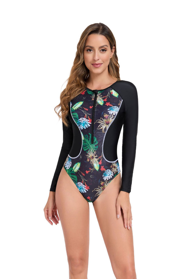 Cross-border 2025 Europe and the United States foreign trade new digital printing zipper high collar Amazon bikini long sleeve surfing suit women
