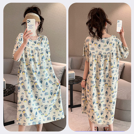Cotton Silk Nightdress Women's Short-sleeved Artificial Cotton Pajamas Summer Thin Large Size Loose Home Clothes Simple Floral Dress