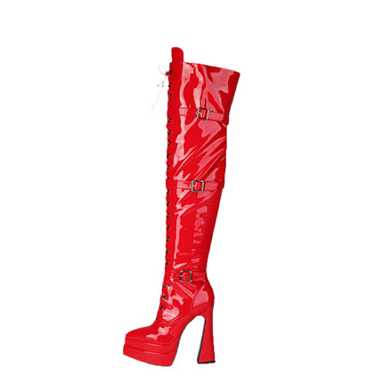 Over-The-Knee Boots Waterproof Platform Women's Black 2024 Buckle Strapless Stiletto Heels Returnable European and American Round Toe New Adult