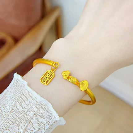 Gold-Plated Chinese-Style Ethnic Vintage Open-Ended Bracelet Niche Retro Gold-Plated Ruyi Bracelet Same Style as Gold Store