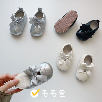 0-2 Years Old Winter Cute Baby Toddler Shoes with Fleece Lining, Warm Rubber Sole, Non-Slip Soft Sole, Bowknot, Korean Style Baby Shoes