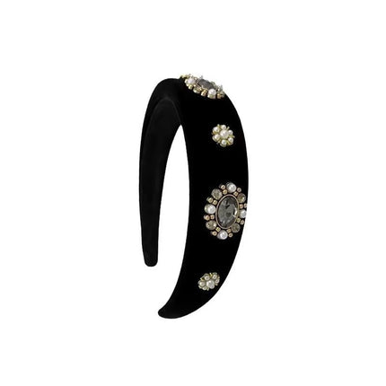 Black Velvet Rhinestone Pearl Headband Luxury High-End Hair Accessory New Style with Rhinestone Embellishments