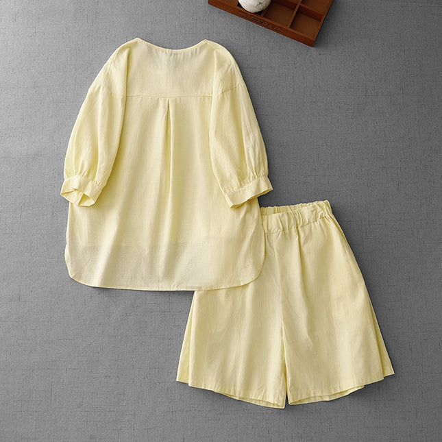 2025 Summer New Casual Two-Piece Set Retro Sweet Creamy Yellow Cotton and Linen Shirt + Elastic Waist Shorts Set