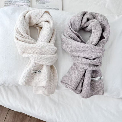 Japanese and Korean Knitted Wool Scarf for Women, Autumn and Winter Thickened Warm Solid Color Student Cable Knit Neck Warmer Bamboo Pattern Neck Protector
