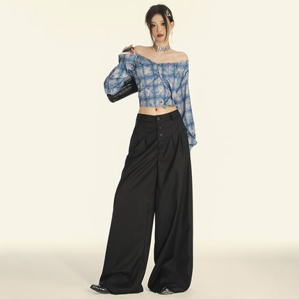 Attention moment gray wide leg drape suit pants children's high-end autumn and winter new casual loose floor-mopping trousers