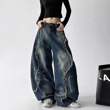 American Retro Raw Edge Embroidered Washed Scimitar Jeans Autumn Men's and Women's Street Loose Wide-Leg Floor-Length Pants