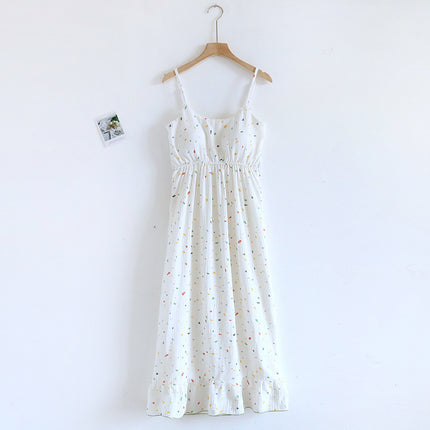 Summer Bra-free Cotton Crepe Chest Pad Sling Thin Nightgown Women's Double-layer Gauze Exterior Wear
