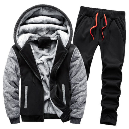 Foreign trade fleece-lined sweater suit men's thickened warm cardigan two-piece set autumn and winter sports casual hooded men's clothing