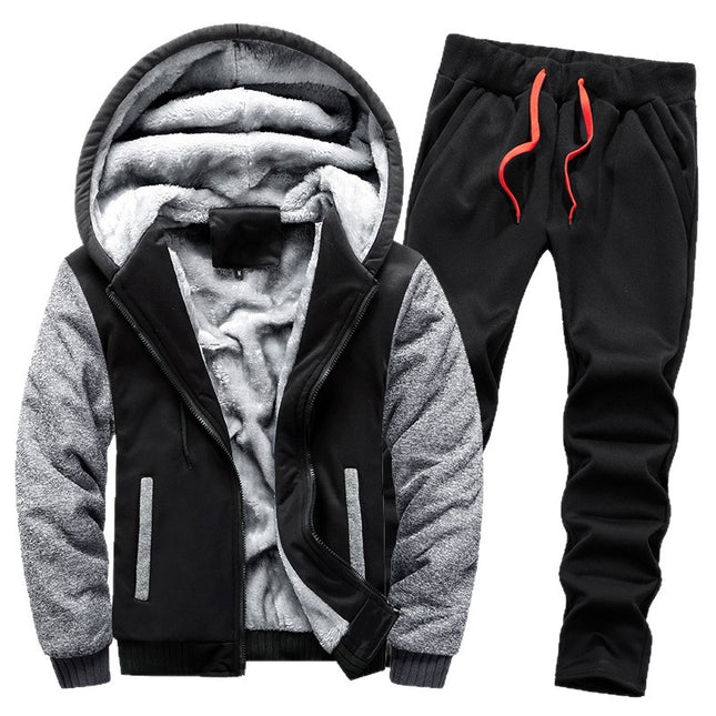 Foreign trade fleece-lined sweater suit men's thickened warm cardigan two-piece set autumn and winter sports casual hooded men's clothing