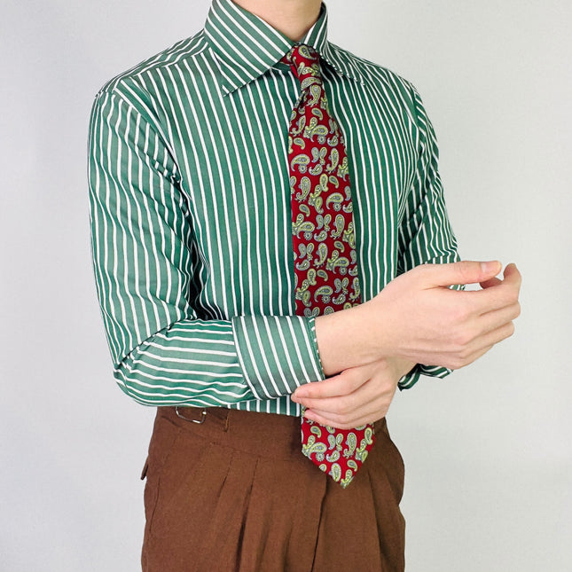 Green Striped Men's Long-Sleeve Shirt Business Pointed Collar High-Quality Vertical Stripe Curved Collar Versatile Slim-Fit Top