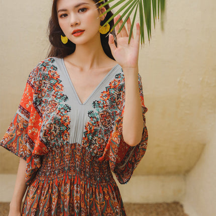 Cross-border ethnic style V-neck cotton silk short-sleeved beach skirt Thailand travel dress summer printed holiday floral skirt