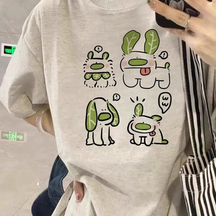 Pure Cotton Puppy Print Gray Short-Sleeved T-Shirt for Women 2026 New Design Niche American Style Loose Half-Sleeved Top