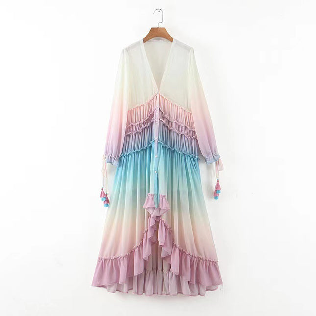 WT1119# Summer European and American Foreign Trade Women's Wear ebay Amazon Deep V Long Sleeve Gradient Printing Dress