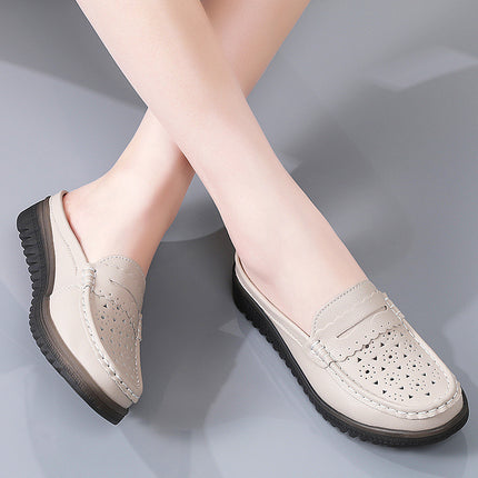 Muller Shoes 2024 Non-Slip Half-Slip Mom Shoes with Soft Soles, Perforated Women's Loafers, Low Heel, Hollow Design, Flat Comfortable Shoes