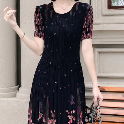 Miyake pleated 2025 summer new temperament round neck printed pleated skirt fashion waist thin magic dress