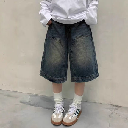 Washed Workwear Denim Shorts for Women, Summer Thin Mid-Length American Street Versatile Loose Straight Sports 7-Point Shorts