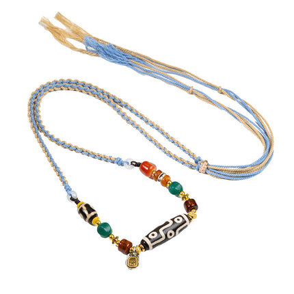 Natural Xizang Yellow Nine-Eyed Dzi Bead Necklace Multi-Totem Agate Pendant Couple Style Braided Necklace Ready for Sale