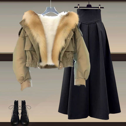 Winter suit women's 2024 new plus size design wool collar hooded cotton-padded jacket coat sweater skirt three-piece set