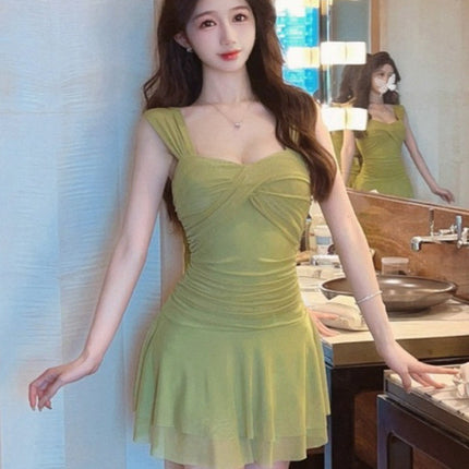 Real Shot 8967 Sexy Mesh Low-cut Ruffled dress Women's Clothing Summer New Nightclub Foot Bath Technician Work Clothes