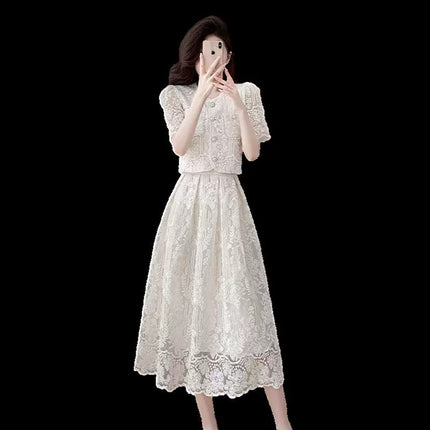 Cross-border new high-level socialite xiaoxiang style nail beads water-soluble lace short top high waist large swing skirt suit