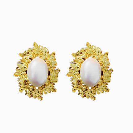 New Cross-border Exaggerated Elegant Big Pearl Leaf Baroque Earrings Korean Style Big Ear Studs European and American Vintage Earrings