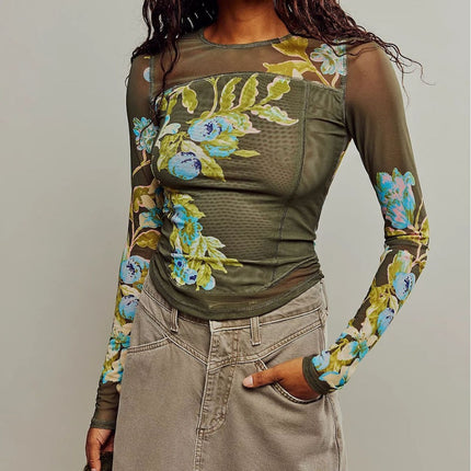 2024 New Amazon Hot Selling Mesh Double Layer Spring and Summer Digital Printed Flower Hot Products Slim Long Sleeve T-Shirt for Women