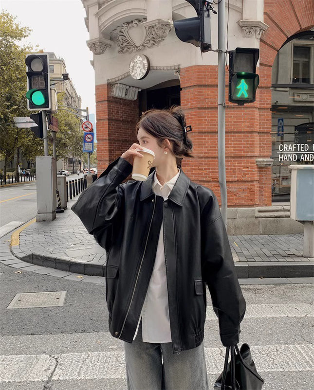 Brown Leather Jacket for Women 2025 Spring & Fall New Style Small Hong Kong Style Retro High-End Jacket Maillard Motorcycle