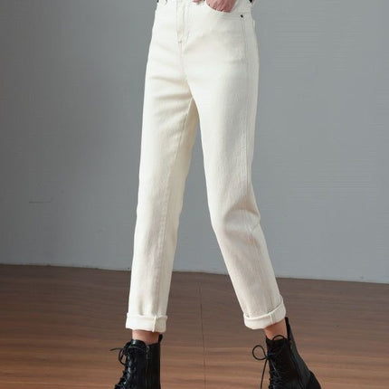 2024 Autumn and Winter Velvet Pure Color Off-White Narrow Straight Jeans for Women High Waist Loose Outer Wear Cigarette Pipe Pants