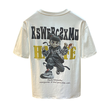 Black Trendy Brand Ins Loose Short-Sleeved T-Shirt Men's Summer Thin Cool Breathable Half-Sleeved Classy National Trend Printed T-Shirt