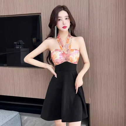 Small Sexy Contrasting Color Strapless Strap Printed Stitching Dress Night Bath Shop Technician Work Clothes