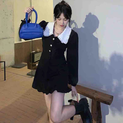 French Retro Black Long-Sleeved Dress for Women Spring & Fall 2025 New Style Sweet Waist-Cinching Doll Collar Short Skirt